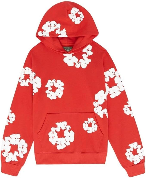 Denim Flower Puff Print Hoodie - Vintage Graphic Pullover | Streetwear for Men and Women